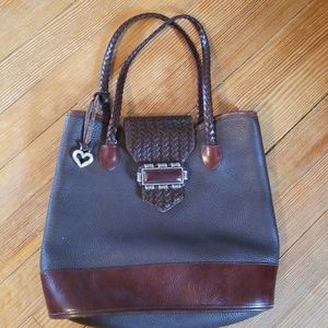 Brown pebbled leather brighton tote woven handle